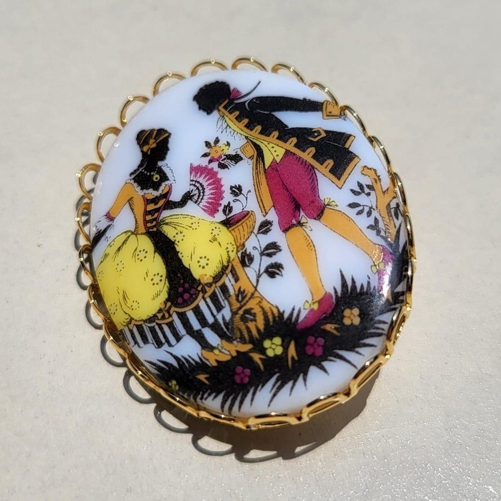 Vintage Oval Brooch Multicolor Courting Couple Rococo Filigree NOS